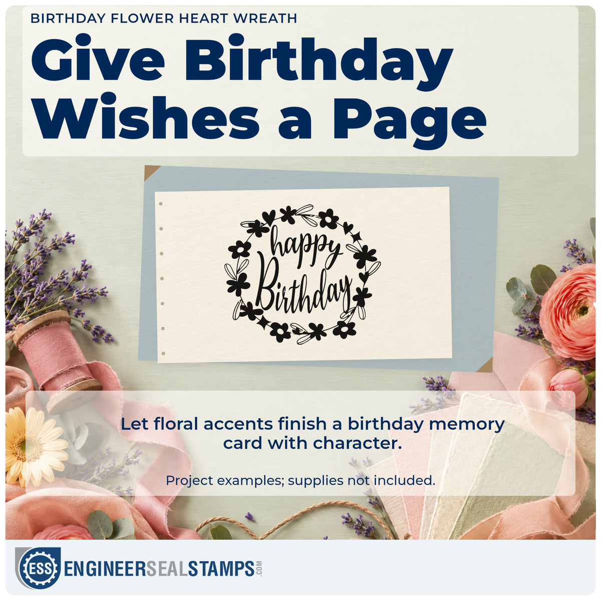A finished handmade project stamped with the Floral Heart Wreath Birthday Wishes Pre-Inked Stamp – Slim, ideal for workshop album page.