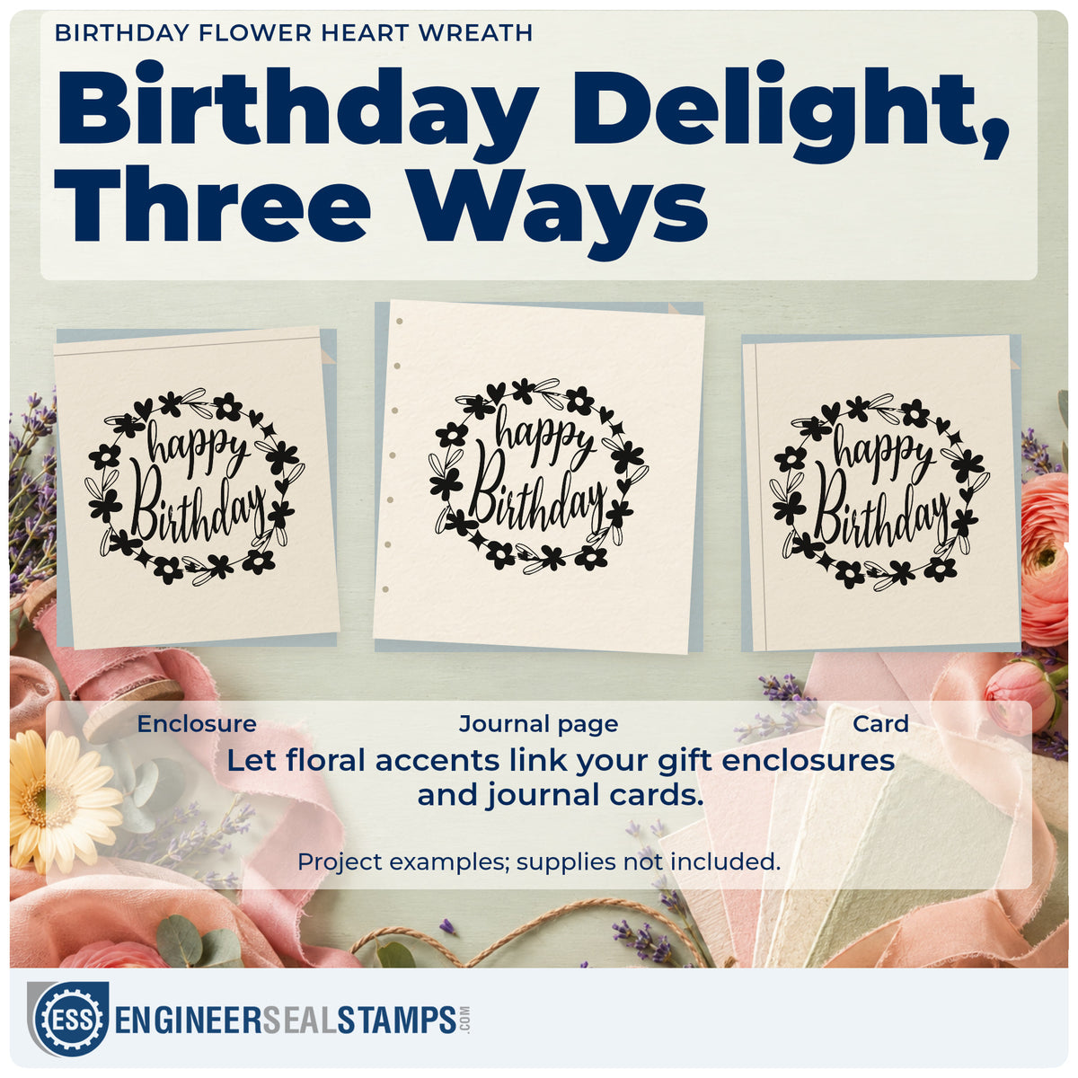 Three project examples made with the Floral Heart Wreath Birthday Wishes Wood-Mounted Rubber Stamp, including class plan sheet.