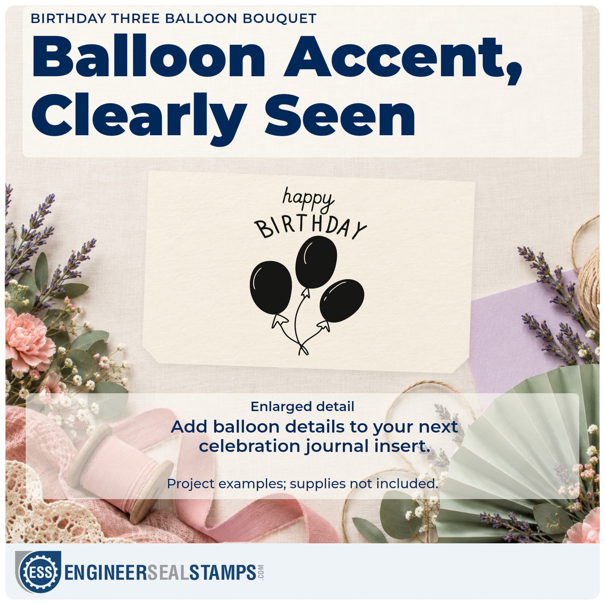 Enlarged detail of the Three Balloons Birthday Greeting PSI Pre-Inked Stamp imprint. happy BIRTHDAY appears above three dark balloons with tied curling strings.