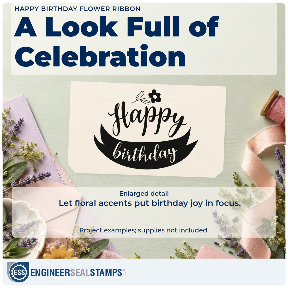 Enlarged detail of the Happy Birthday Flower Ribbon Slim Pre-Inked Stamp imprint. Happy appears below a small flower and above birthday inside a curved dark ribbon.