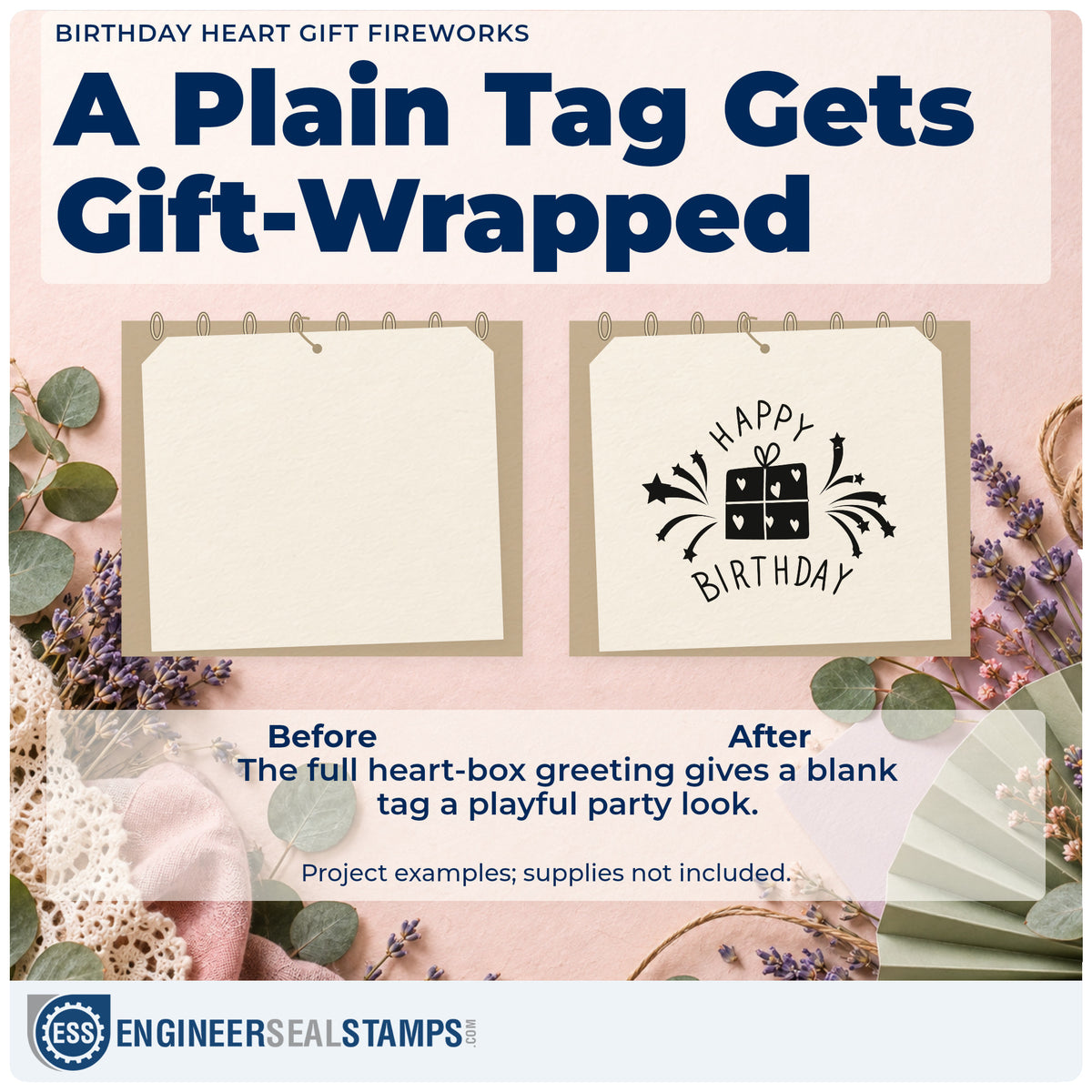 Before and after of a plain item finished with the Birthday Heart Gift Fireworks Premium Wood-Mounted Stamp – Vintage Pro, a quick upgrade for framed drop point.
