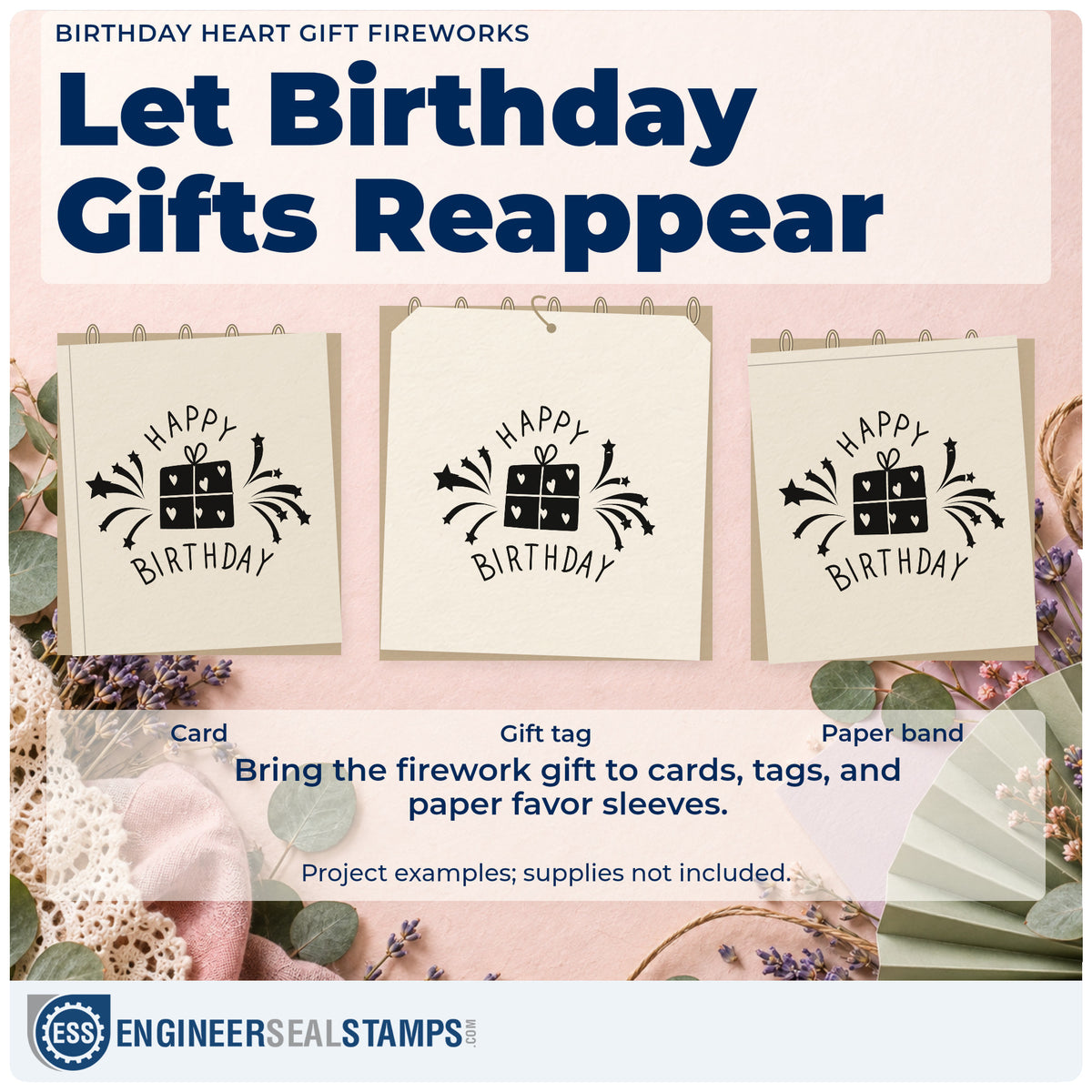 Three project examples made with the Birthday Heart Gift Fireworks Premium Wood-Mounted Stamp – Vintage Pro, including donation log sheet.