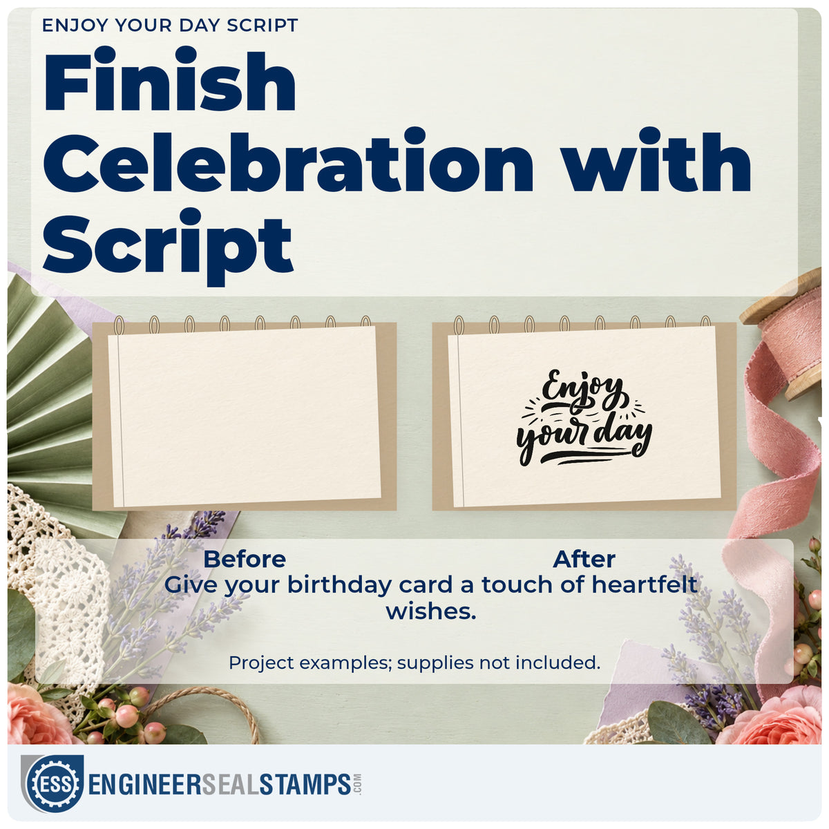Before and after of a plain item finished with the Slim Pre-Inked Enjoy Your Day Stamp, a quick upgrade for framed office corner.