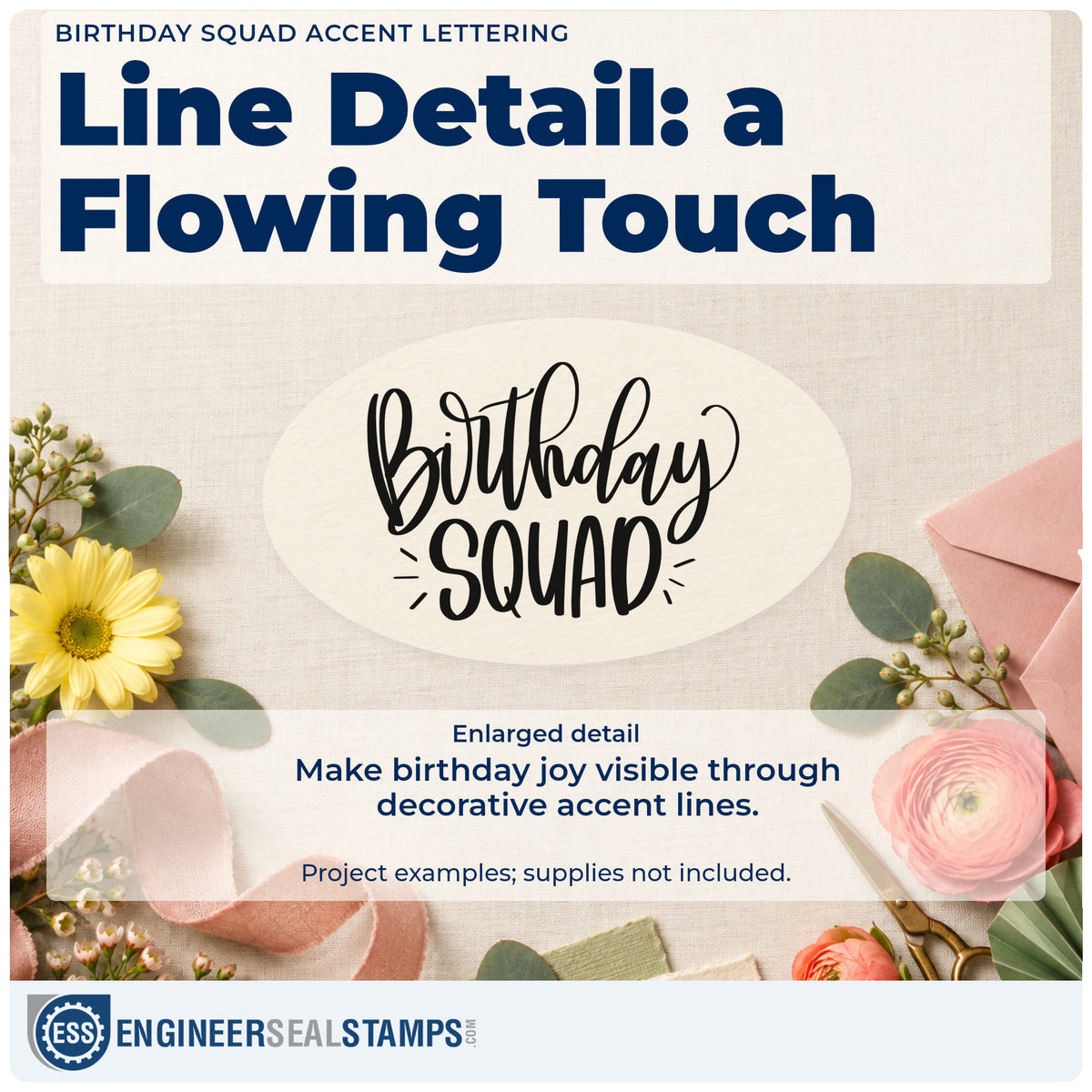 Enlarged detail of the Birthday Squad Accent Lettering PSI Pre-Inked Stamp imprint. Birthday SQUAD appears in script and tall capitals with small side accent strokes.