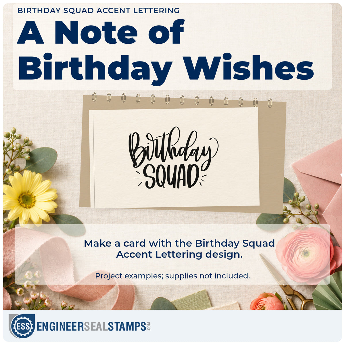 A finished handmade project stamped with the Birthday Squad Accent Lettering PSI Pre-Inked Stamp, ideal for birthday run album page.