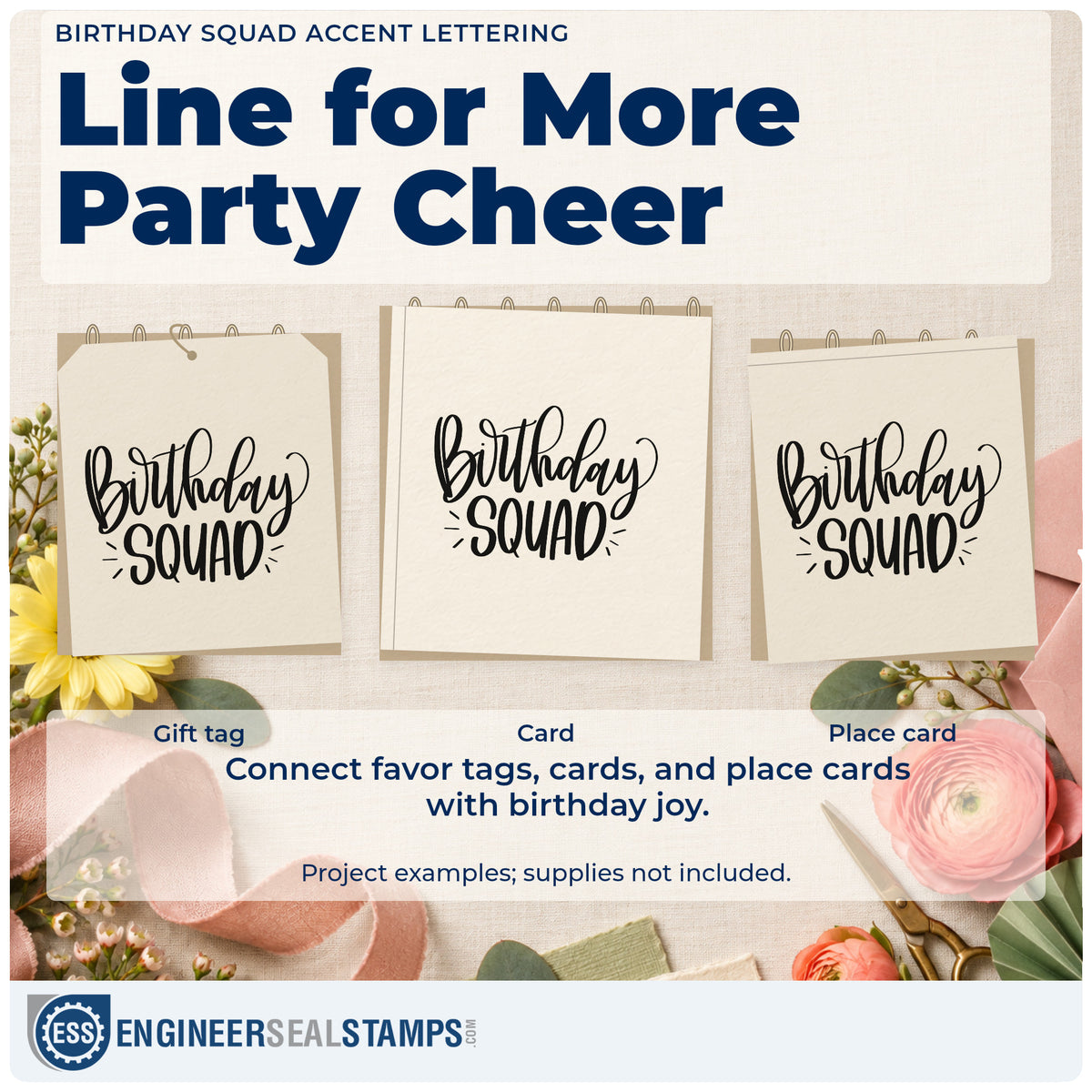 Three project examples made with the Birthday Squad Accent Lettering PSI Pre-Inked Stamp, including route plan sheet.