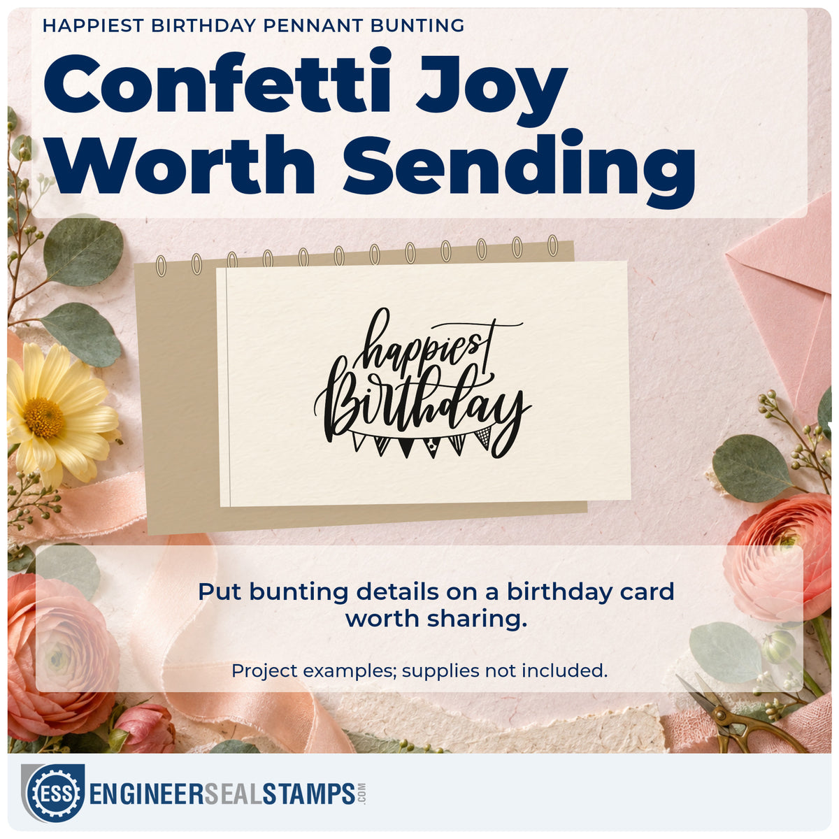 A finished handmade project stamped with the Happiest Birthday Pennant Bunting Script Lettering Slim Pre-Inked Stamp, ideal for market year album page.