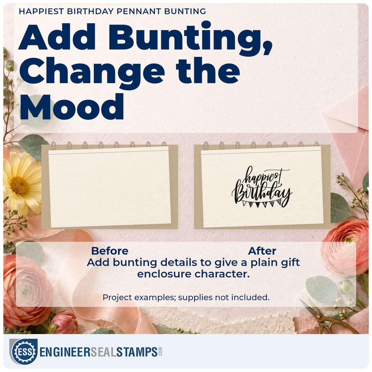 Before and after of a plain item finished with the Happiest Birthday Pennant Bunting Script Lettering Slim Pre-Inked Stamp, a quick upgrade for framed stall corner.