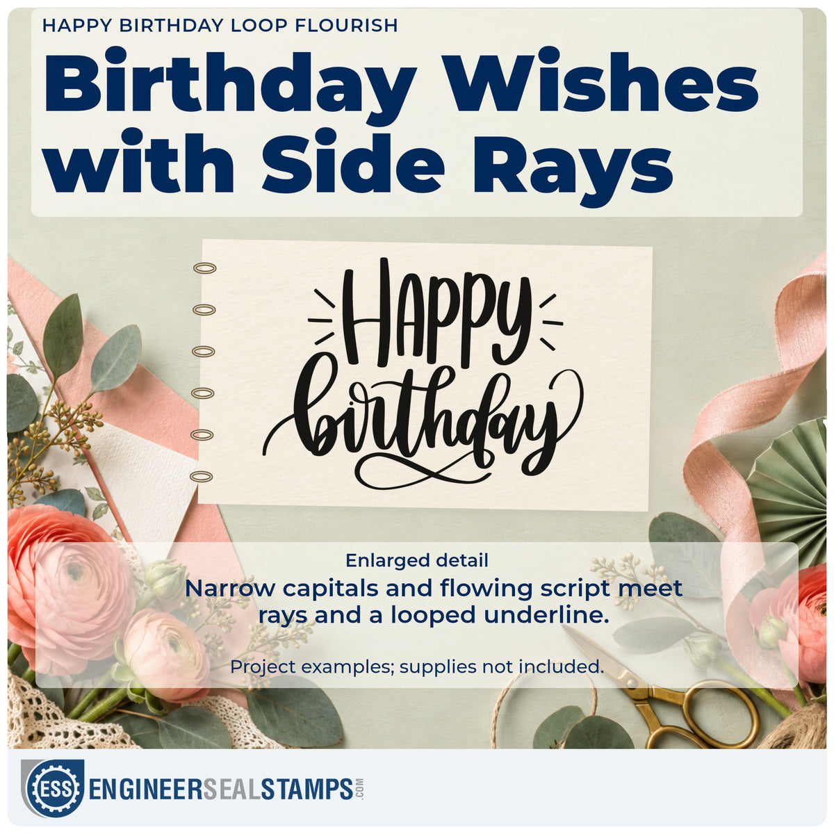 Enlarged detail of the Happy Birthday Loop Flourish Premium Wood-Mounted Stamp – Vintage Pro imprint. HAPPY birthday appears in narrow capitals and flowing script with side rays and a looped underline.