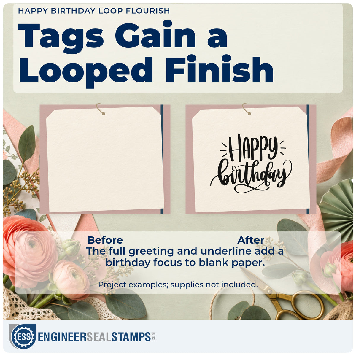 Before and after of a plain item finished with the Happy Birthday Loop Flourish Premium Wood-Mounted Stamp – Vintage Pro, a quick upgrade for framed van interior.