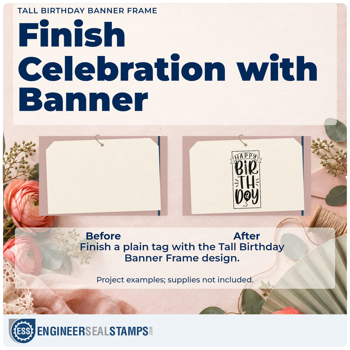 Before and after of a plain item finished with the Happy Birthday Upright Banner Framed Lettering Stamp – Premium Vintage Pro Wooden, a quick upgrade for framed cabin door.