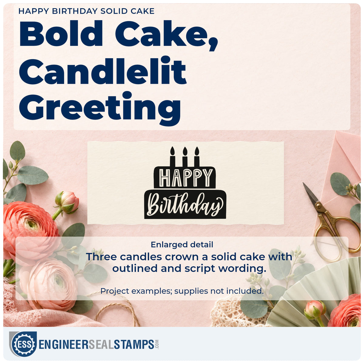 Enlarged detail of the Happy Birthday Tiered Cake Candles Rubber Stamp – Duo Hand imprint. A solid two-tier cake with three candles contains outlined HAPPY and negative-space script Birthday.