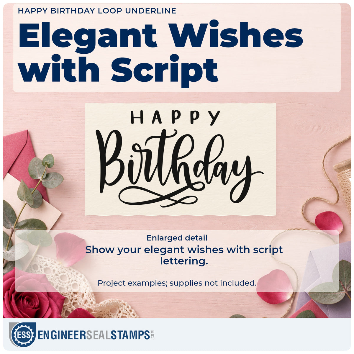 Enlarged detail of the Slim Pre-Inked Happy Birthday Loop Underline Script Lettering Stamp imprint. Spaced HAPPY sits above a tall Birthday script with a looped underline.