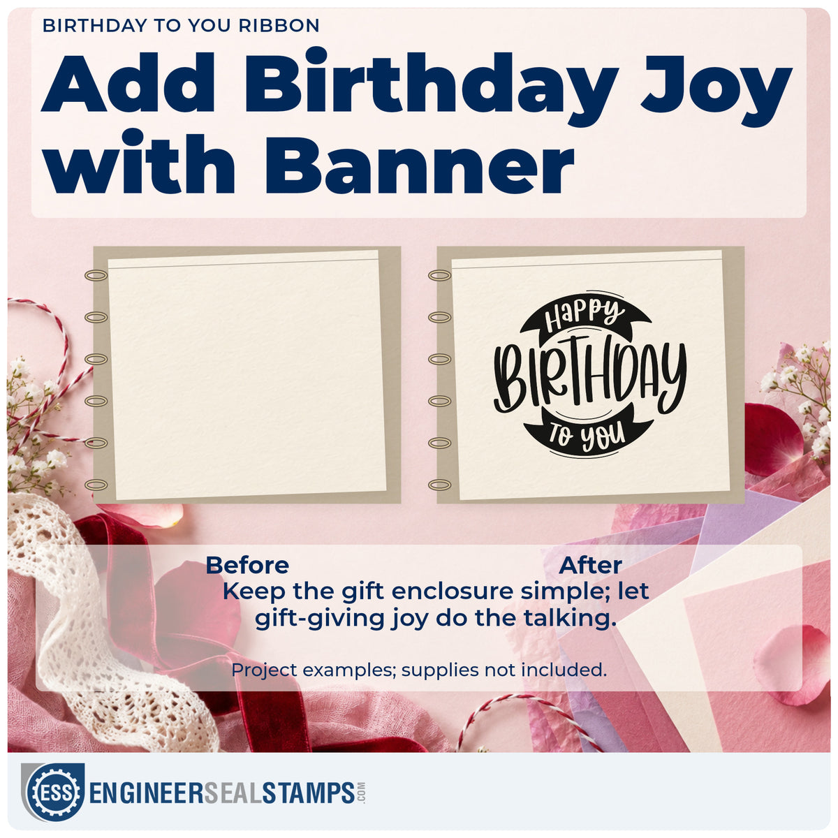 Before and after of a plain item finished with the Birthday To You Curved Ribbons Rubber Stamp – Duo Hand, a quick upgrade for framed hall shelf.