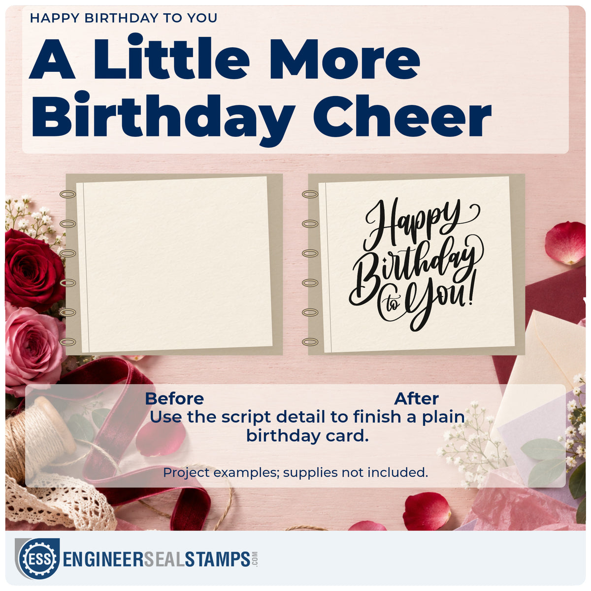 Before and after of a plain item finished with the Happy Birthday To You! Flowing Script Premium Wooden Stamp – Vintage Pro, a quick upgrade for framed guest landing.