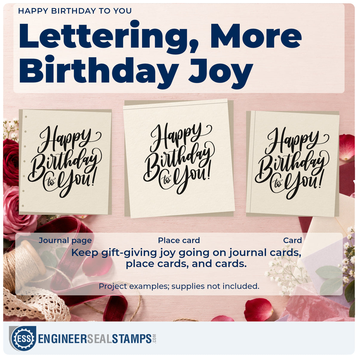 Three project examples made with the Happy Birthday To You! Flowing Script Premium Wooden Stamp – Vintage Pro, including stay plan sheet.
