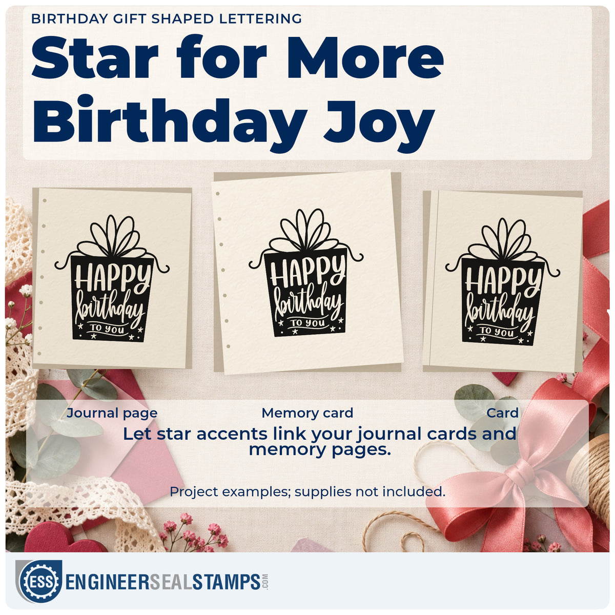 Three project examples made with the Birthday Gift Shaped Lettering Hand Stamp – Duo, including desk rota sheet.