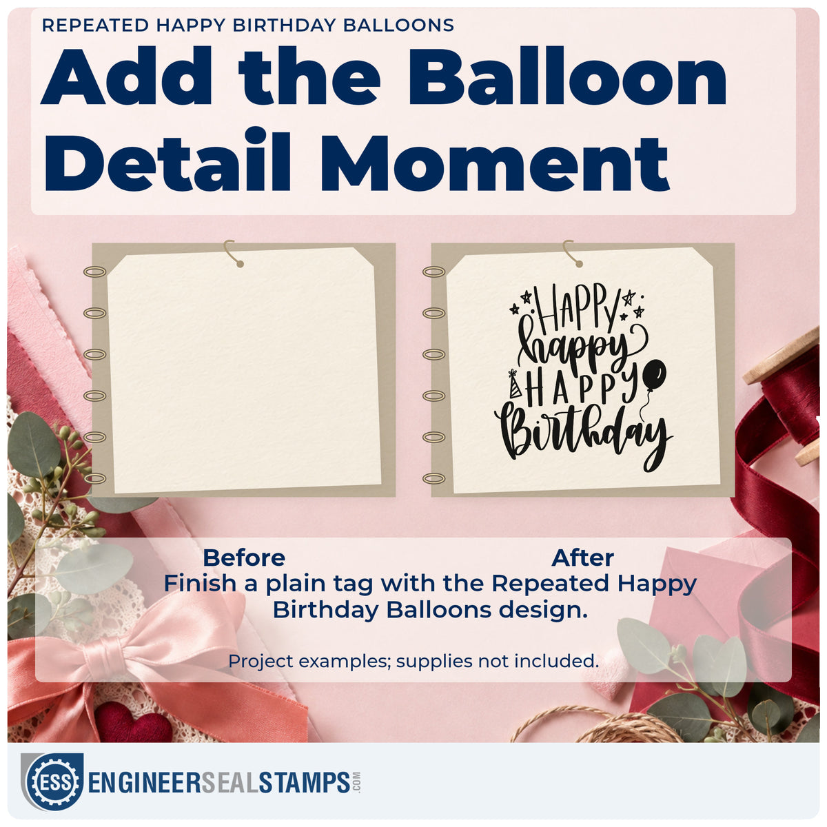 Before and after of a plain item finished with the Repeated Happy Birthday Balloons Premium Wooden Stamp – Vintage Pro, a quick upgrade for framed play room.