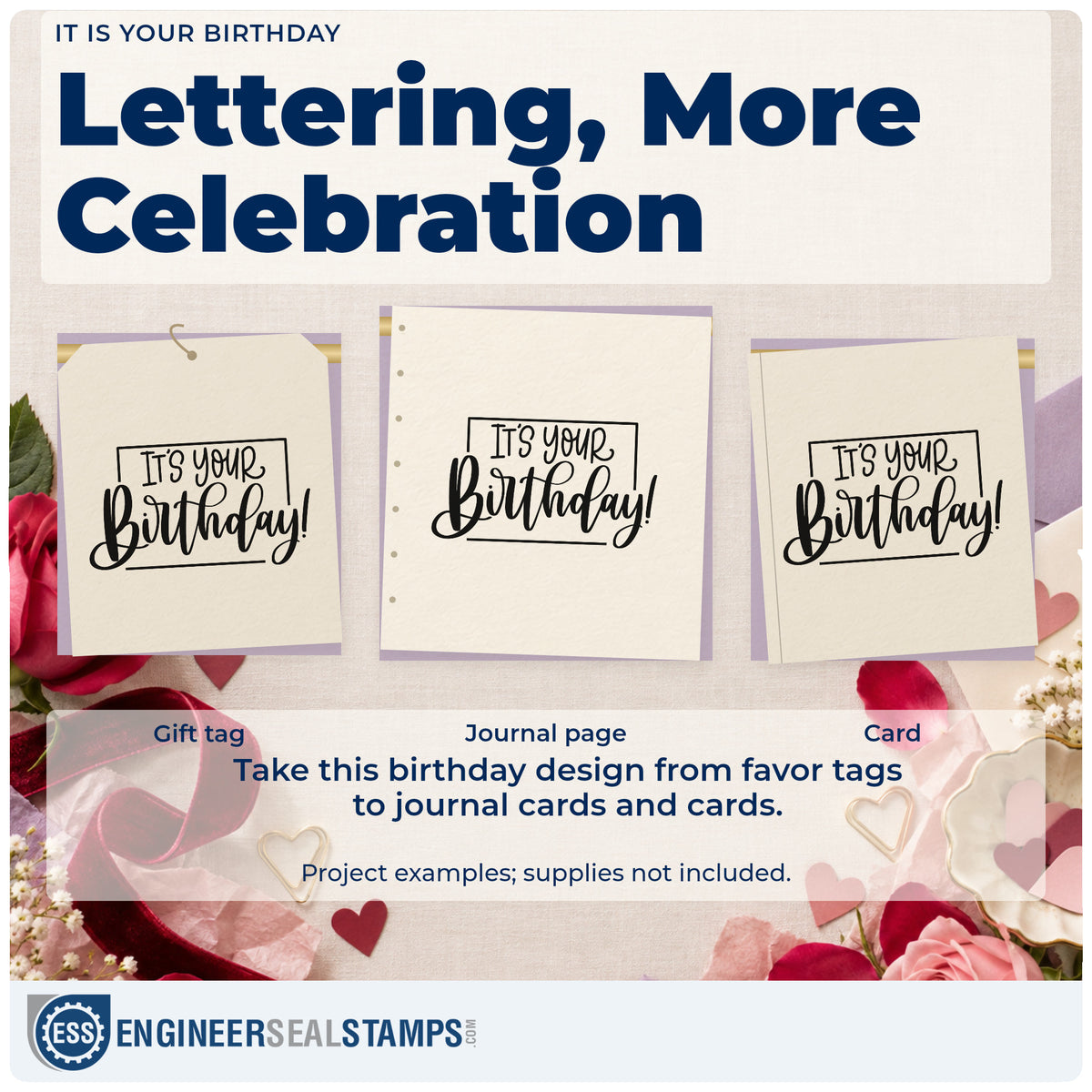 Three project examples made with the It's Your Birthday! Premium Wood-Mounted Stamp – Vintage Pro, including booking note sheet.