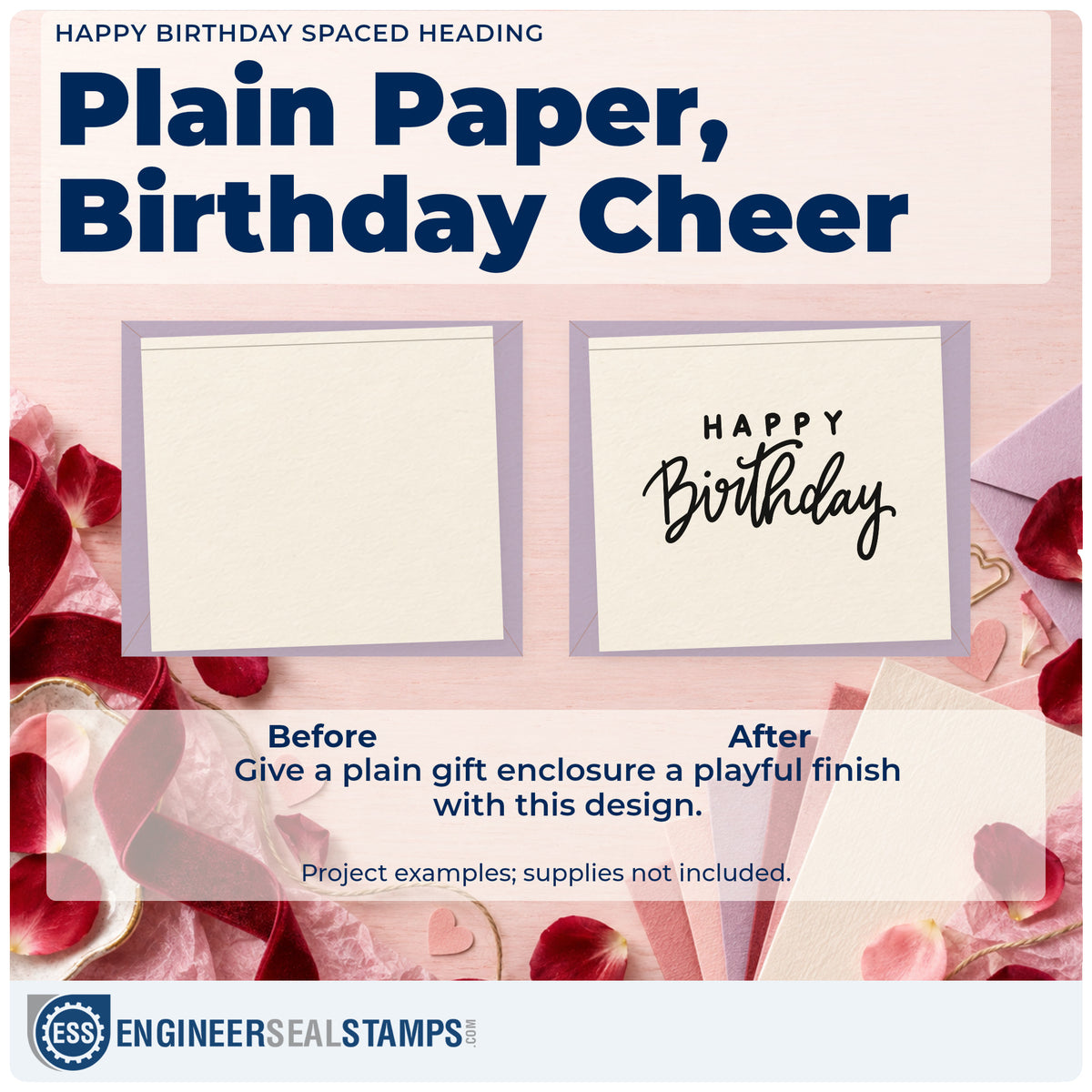 Before and after of a plain item finished with the Happy Birthday Spaced Heading Script Lettering Premium Wooden Stamp – Vintage Pro, a quick upgrade for framed meeting hall.