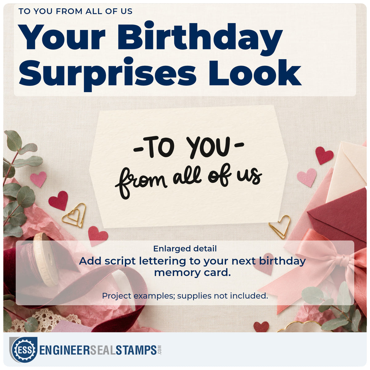 Enlarged detail of the From All Of Us Script With To You Rubber Stamp – Duo Hand imprint. TO YOU appears between short dashes above the script phrase from all of us.
