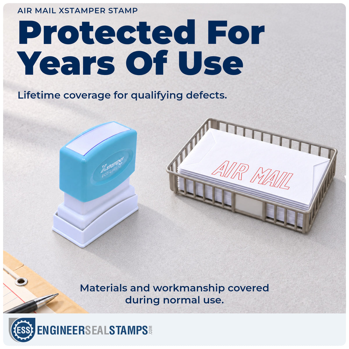 Lifetime guarantee coverage on the "Air mail" Xstamper pre-inked stamp