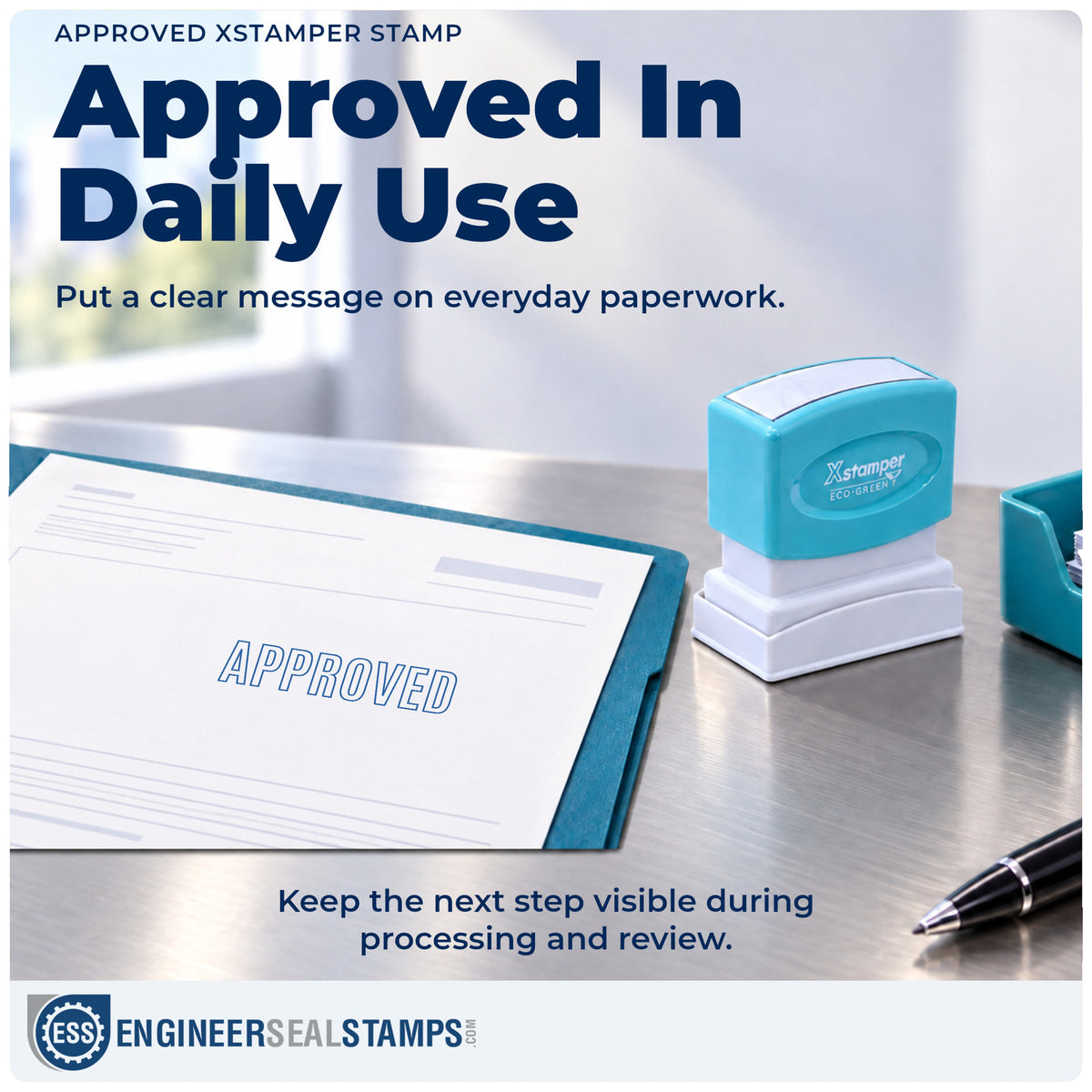 "Approved" stamp being pressed onto a document during everyday filing