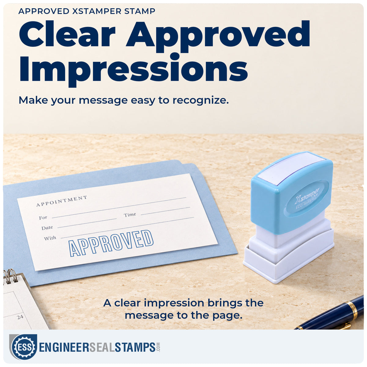 "Approved" imprint on office paperwork beside the Approved Document Stamp – Pre-Inked Xstamper