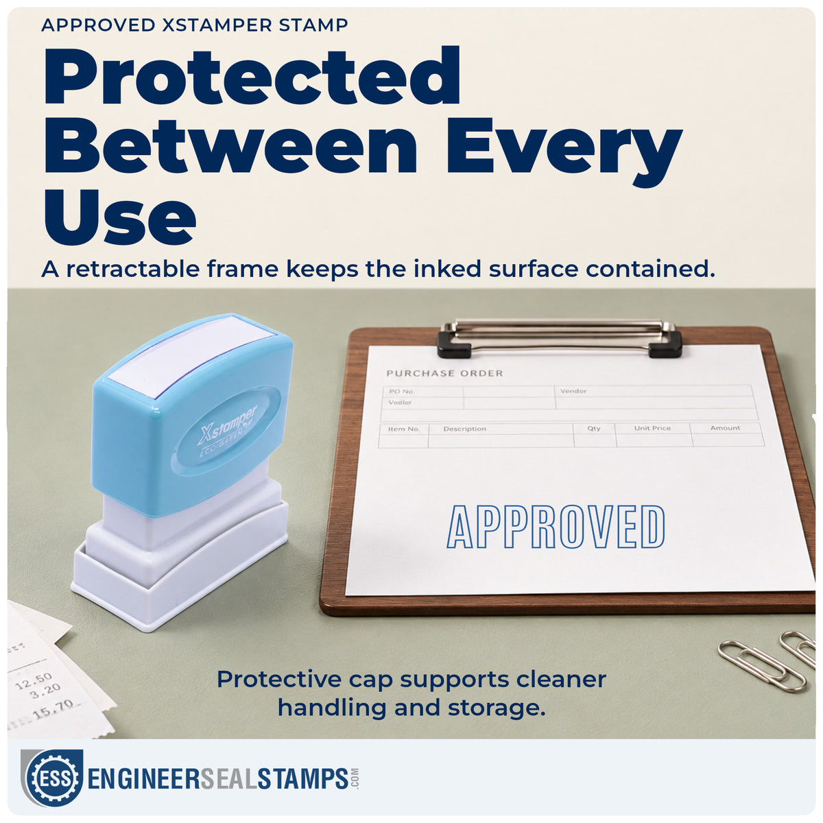 Features of the "Approved" Xstamper No. 1008 pre-inked stamp