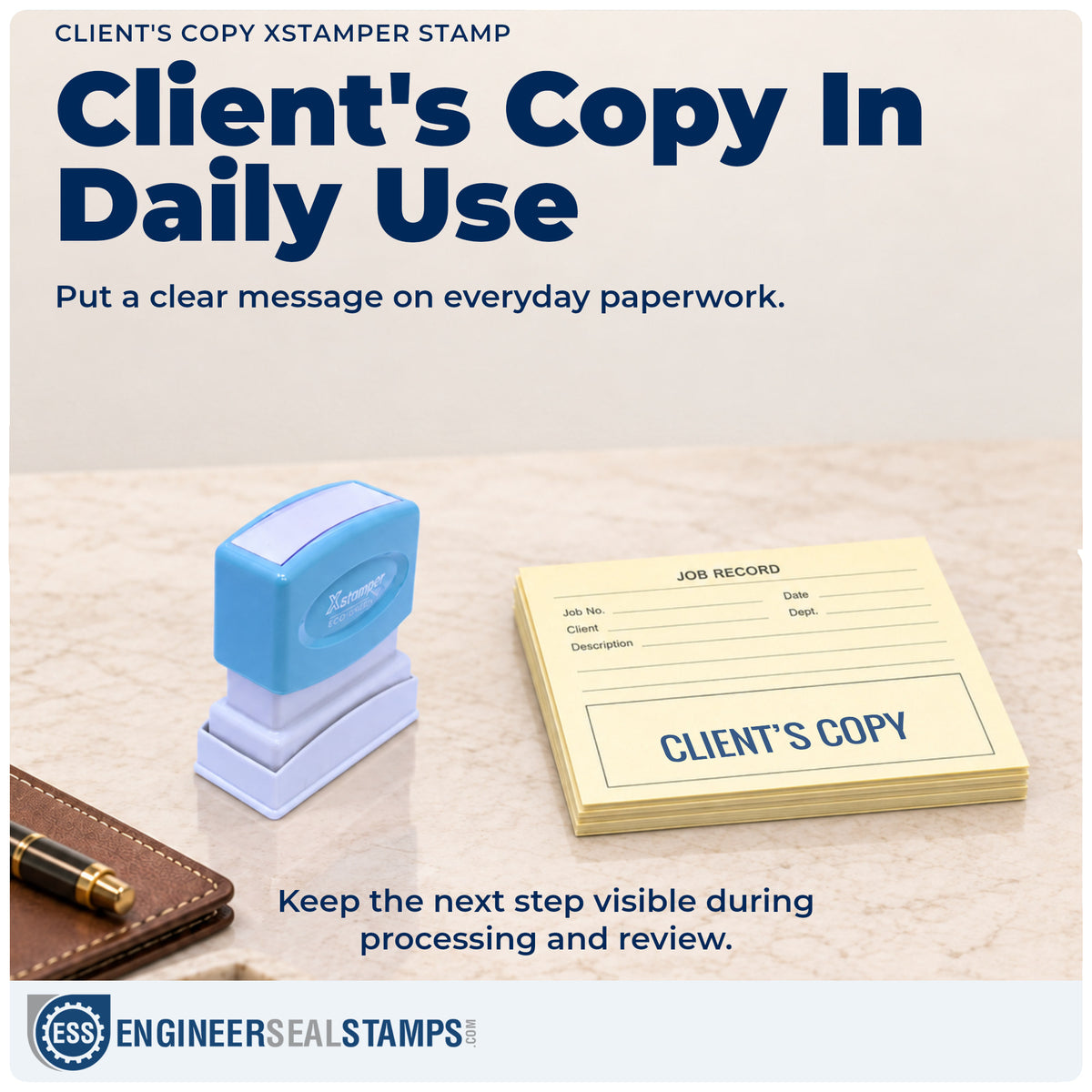 "Client's copy" stamp being pressed onto a document during everyday filing