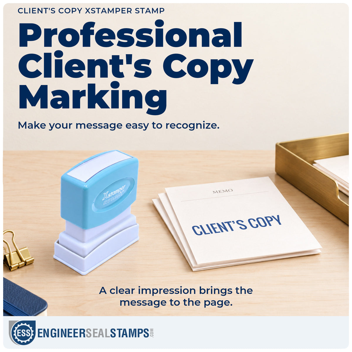 "Client's copy" imprint on office paperwork beside the Client's Copy Stamp – Pre-Inked Xstamper