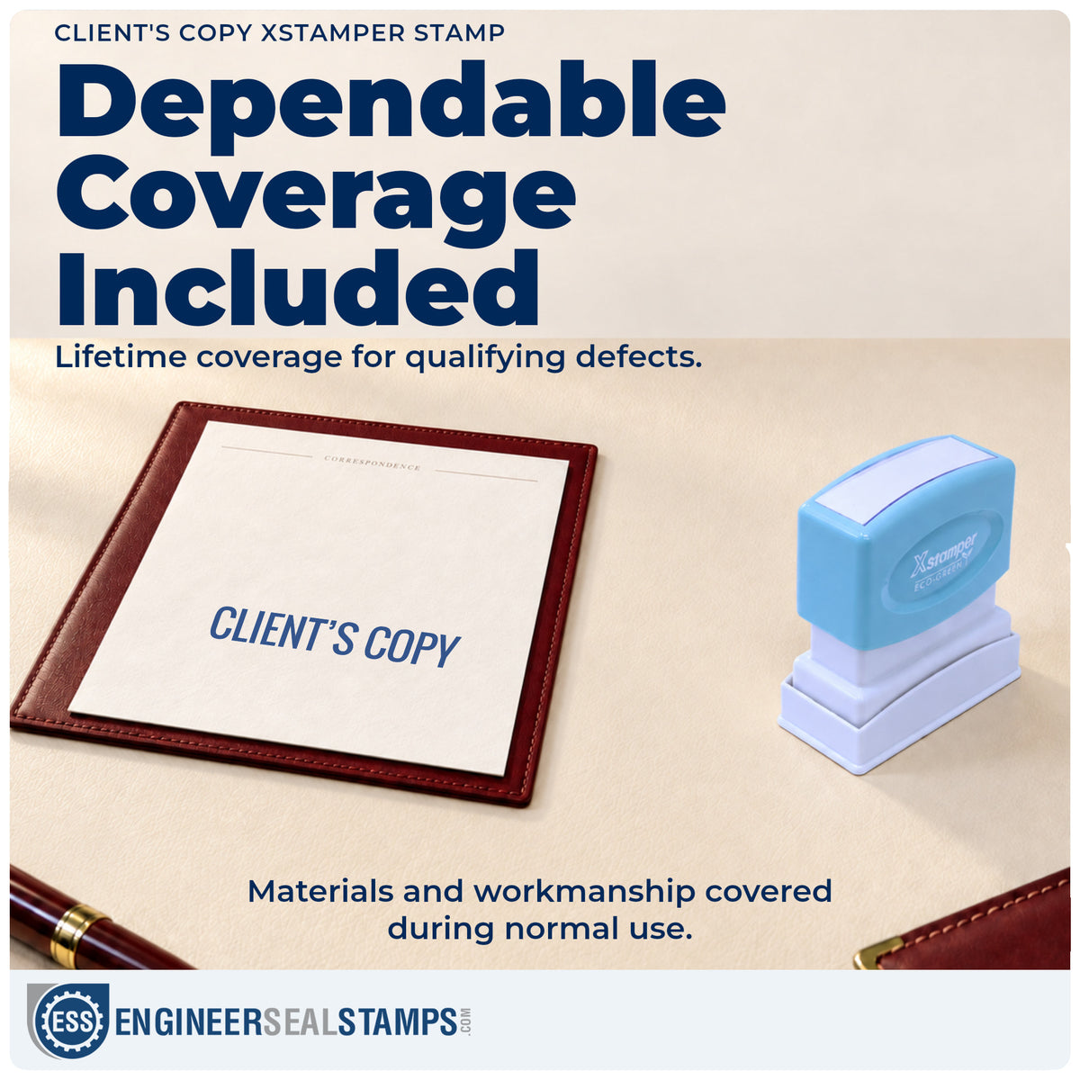 Lifetime guarantee coverage on the "Client's copy" Xstamper pre-inked stamp