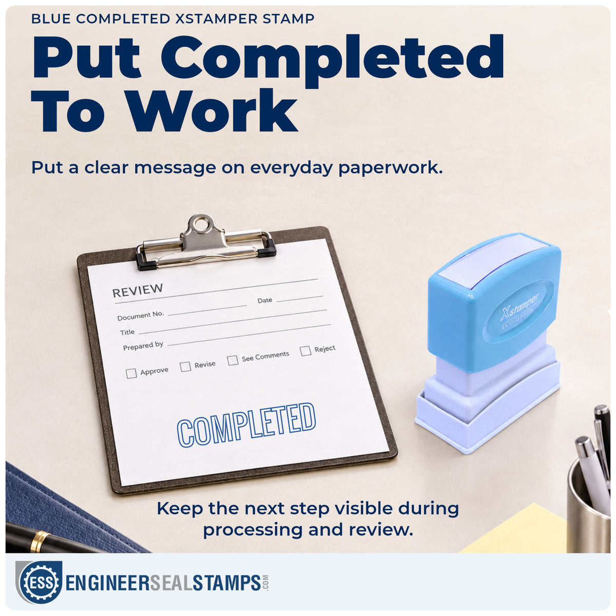 "Completed" stamp being pressed onto a document during everyday filing