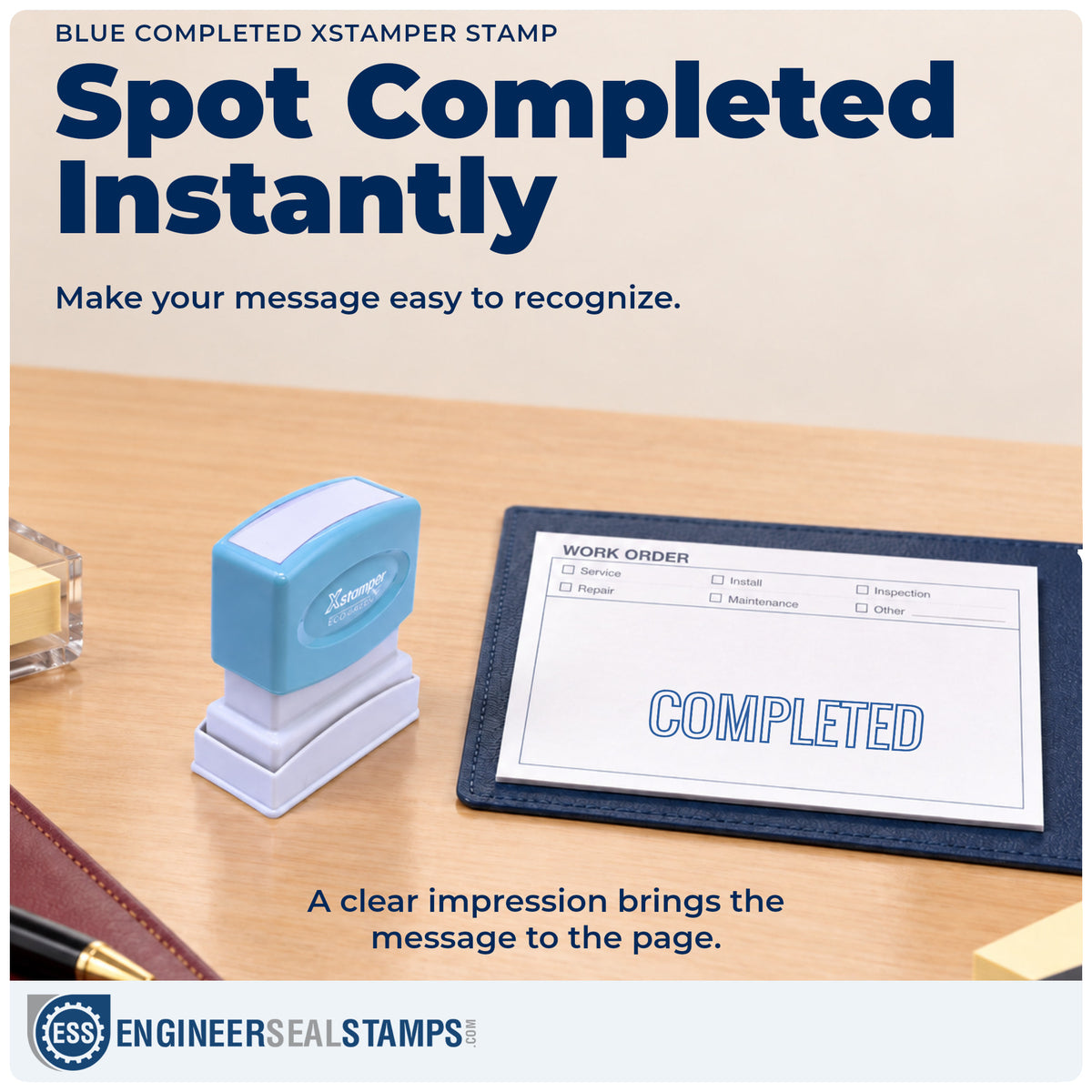 "Completed" imprint on office paperwork beside the Completed Stamp – Blue Pre-Inked Xstamper
