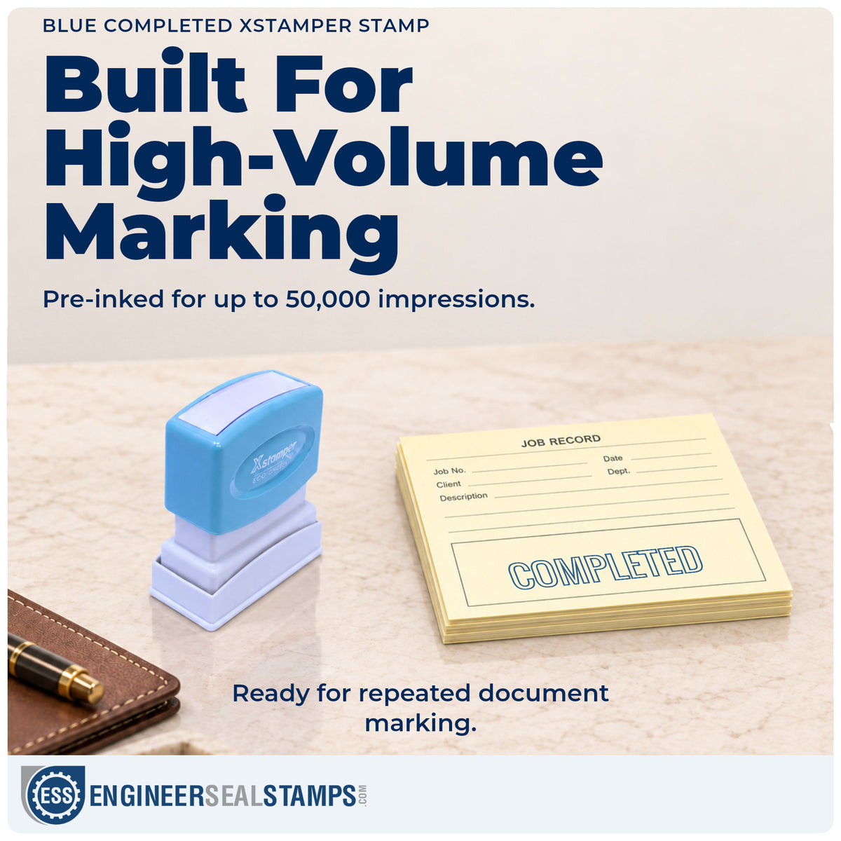 Re-inkable "Completed" stamp built for thousands of repeat impressions