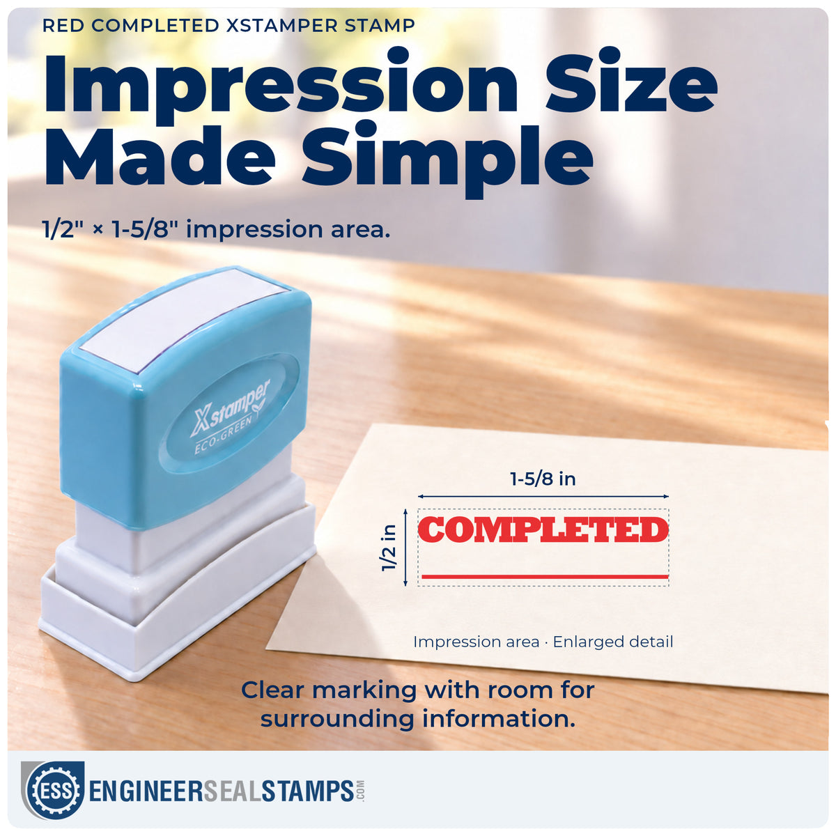 Impression size guide: the "Completed" imprint measures 1/2 x 1-5/8 in