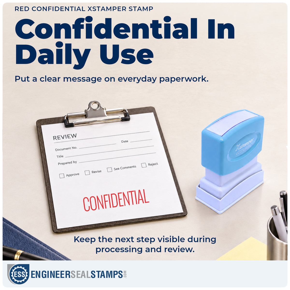 "Confidential" stamp being pressed onto a document during everyday filing