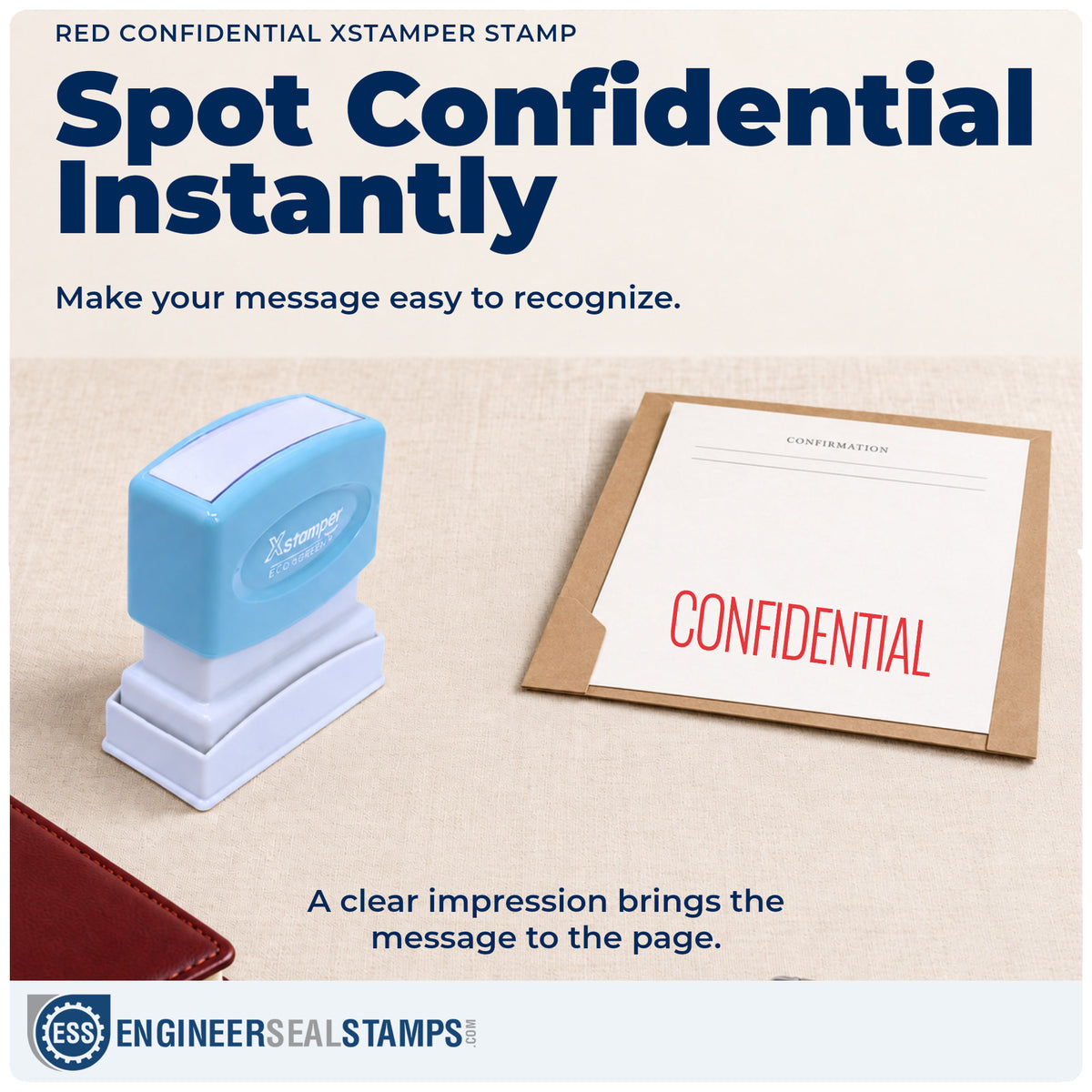 "Confidential" imprint on office paperwork beside the Xstamper Confidential Stamp – Red Pre-Inked