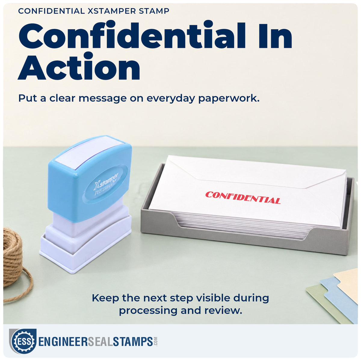 "Confidential" stamp being pressed onto a document during everyday filing