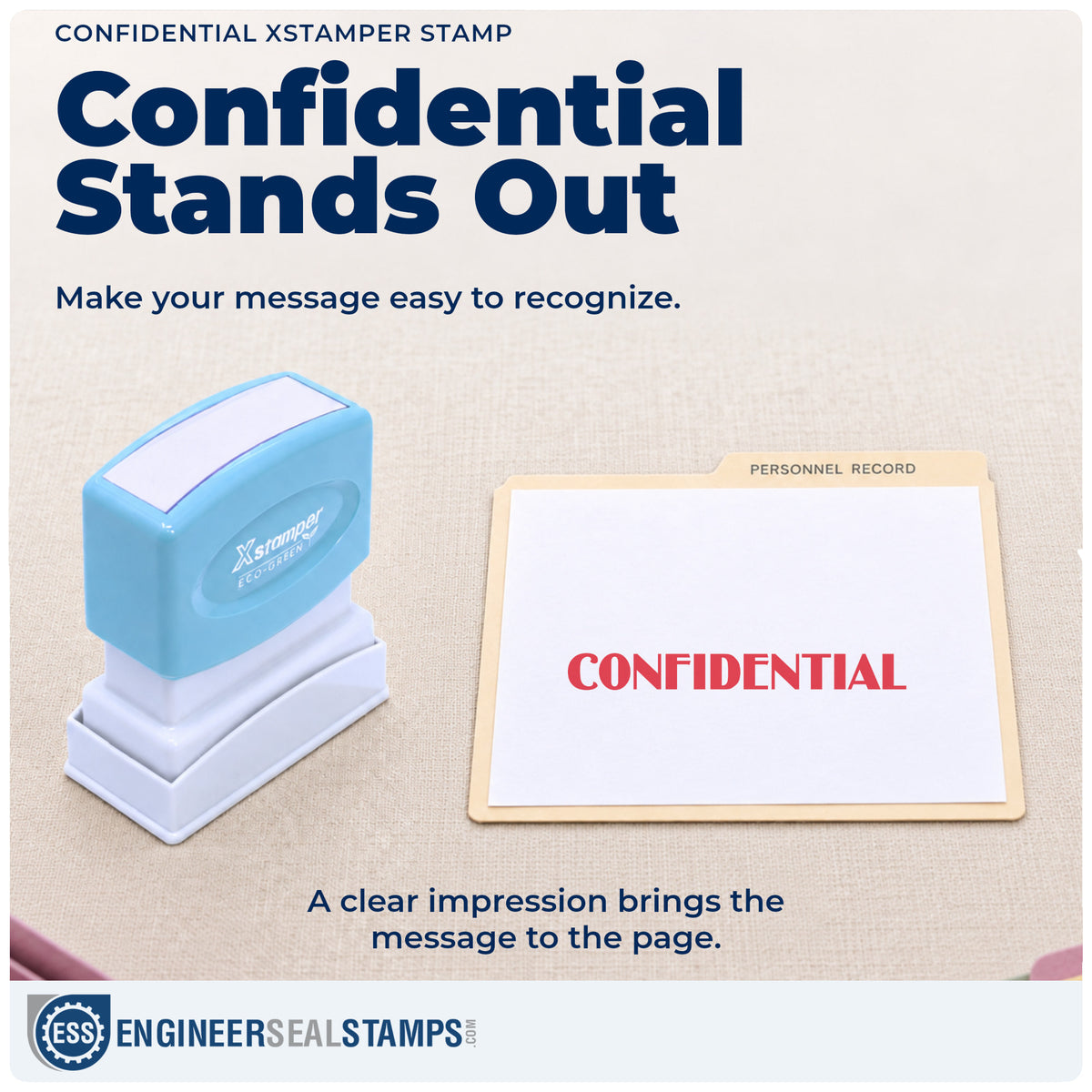 "Confidential" imprint on office paperwork beside the Xstamper Confidential Stamp – Pre-Inked
