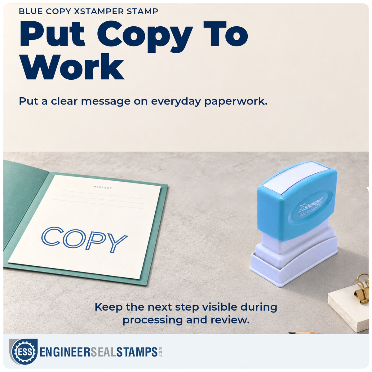 "Copy" stamp being pressed onto a document during everyday filing