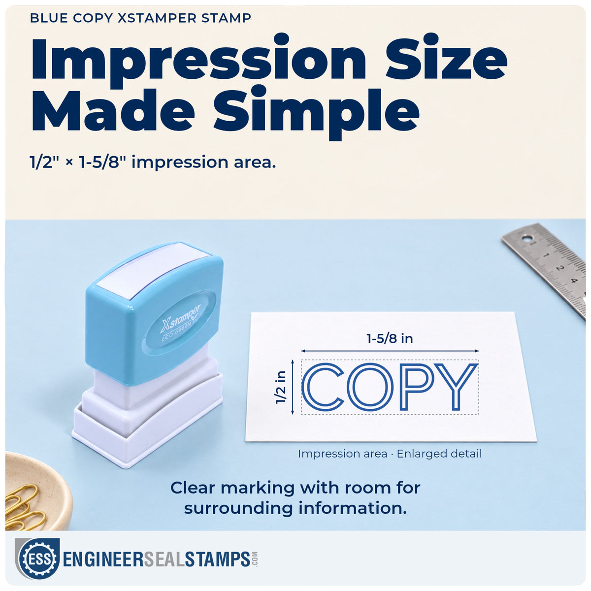 Impression size guide: the "Copy" imprint measures Approximately 1/2 in tall x 1-5/8 in wide