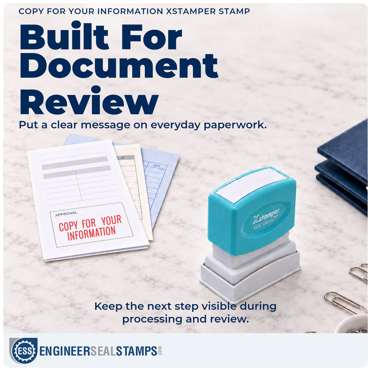 "Copy for your information" stamp being pressed onto a document during everyday filing