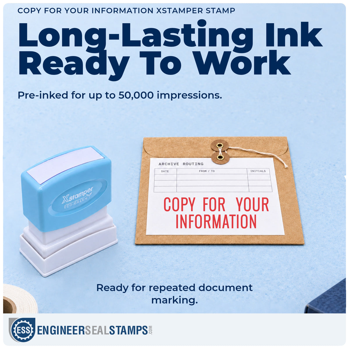Re-inkable "Copy for your information" stamp built for thousands of repeat impressions