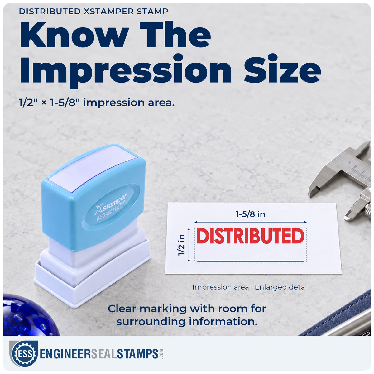 Impression size guide: the "Distributed" imprint measures 1/2 x 1-5/8 in