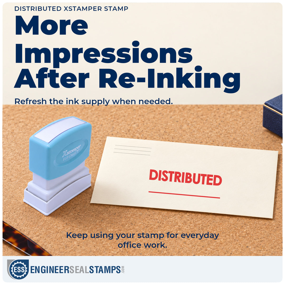 Re-inkable "Distributed" stamp built for thousands of repeat impressions