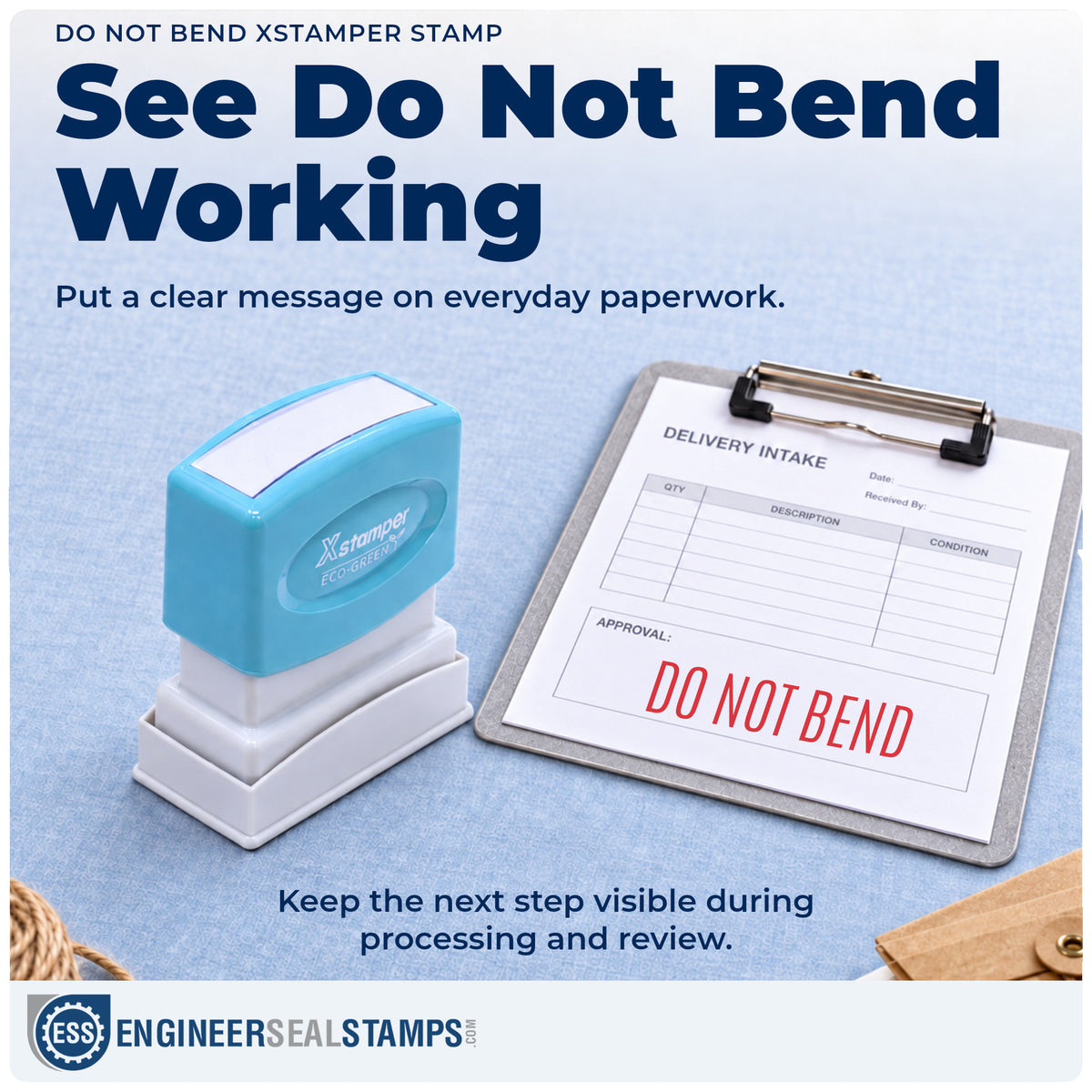 "Do not bend" stamp being pressed onto a document during everyday filing