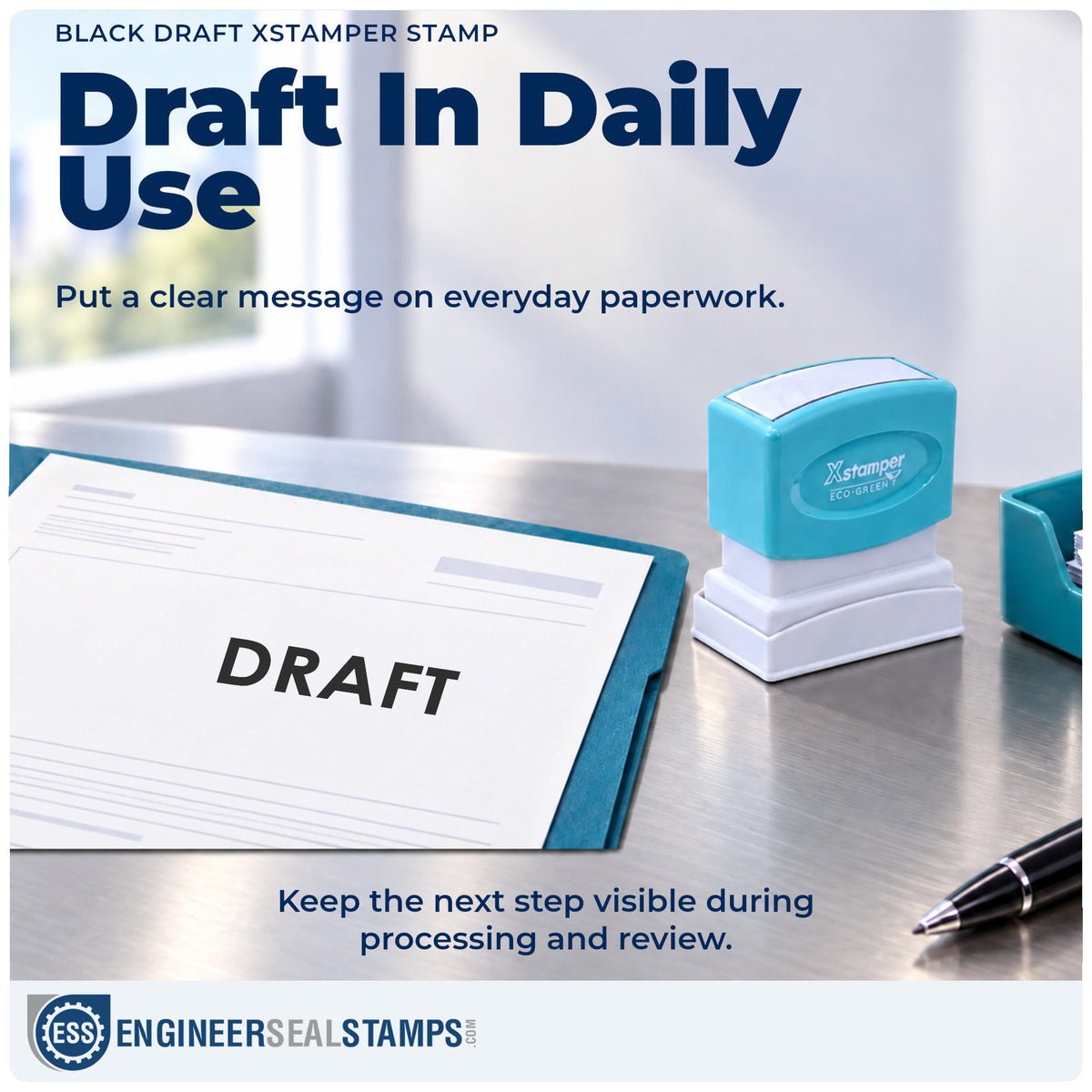 "Draft" stamp being pressed onto a document during everyday filing