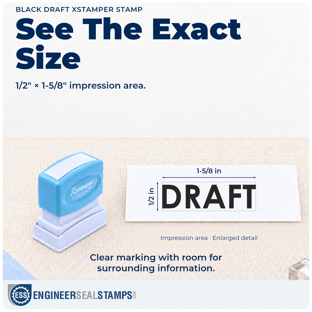Impression size guide: the "Draft" imprint measures 1/2 x 1-5/8 in