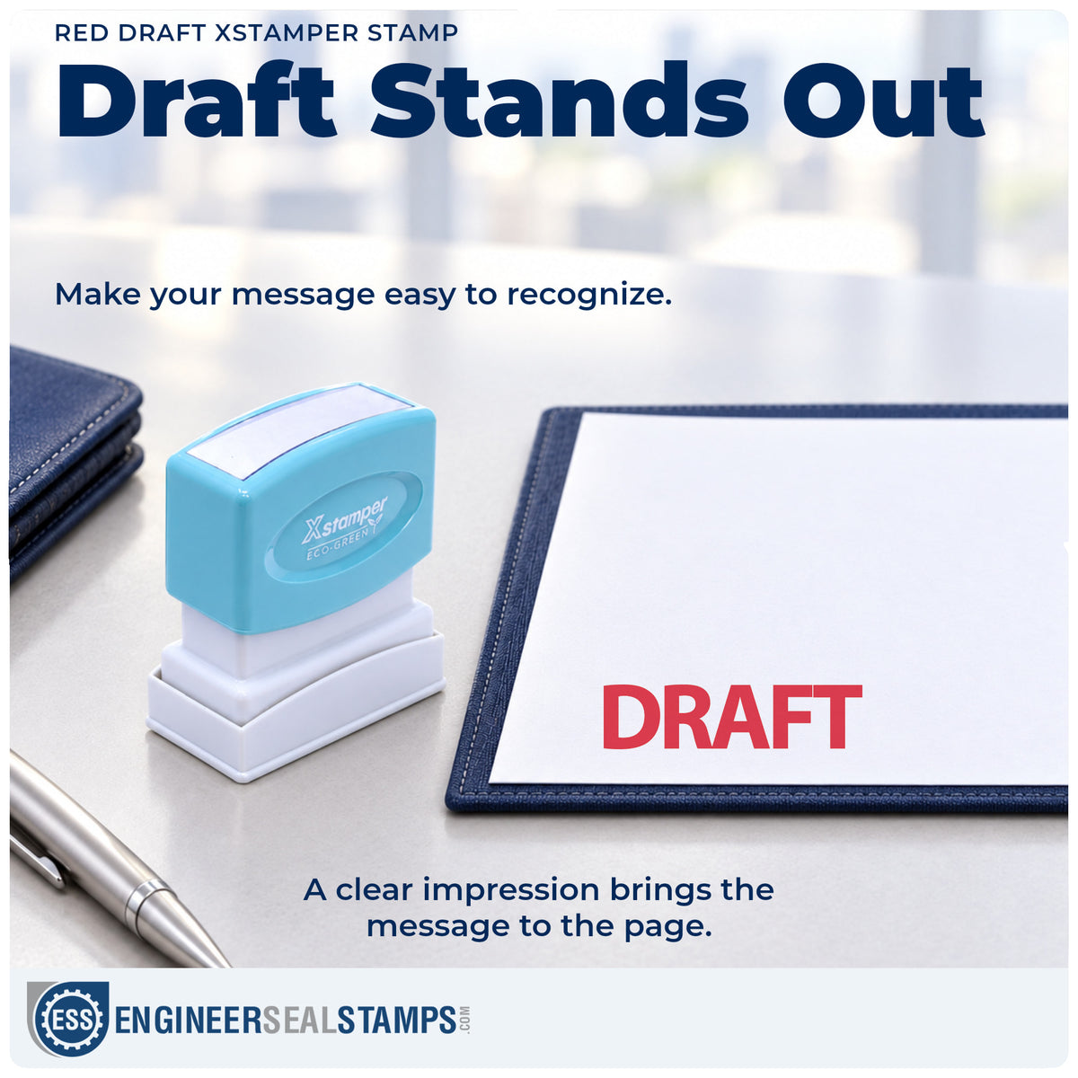 "Draft" imprint on office paperwork beside the Red Draft Stamp – Pre-Inked Xstamper